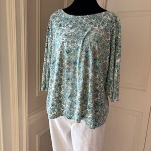Teal & White Floral Women's Tunic Blouse Medium Casual Relaxed Dorm